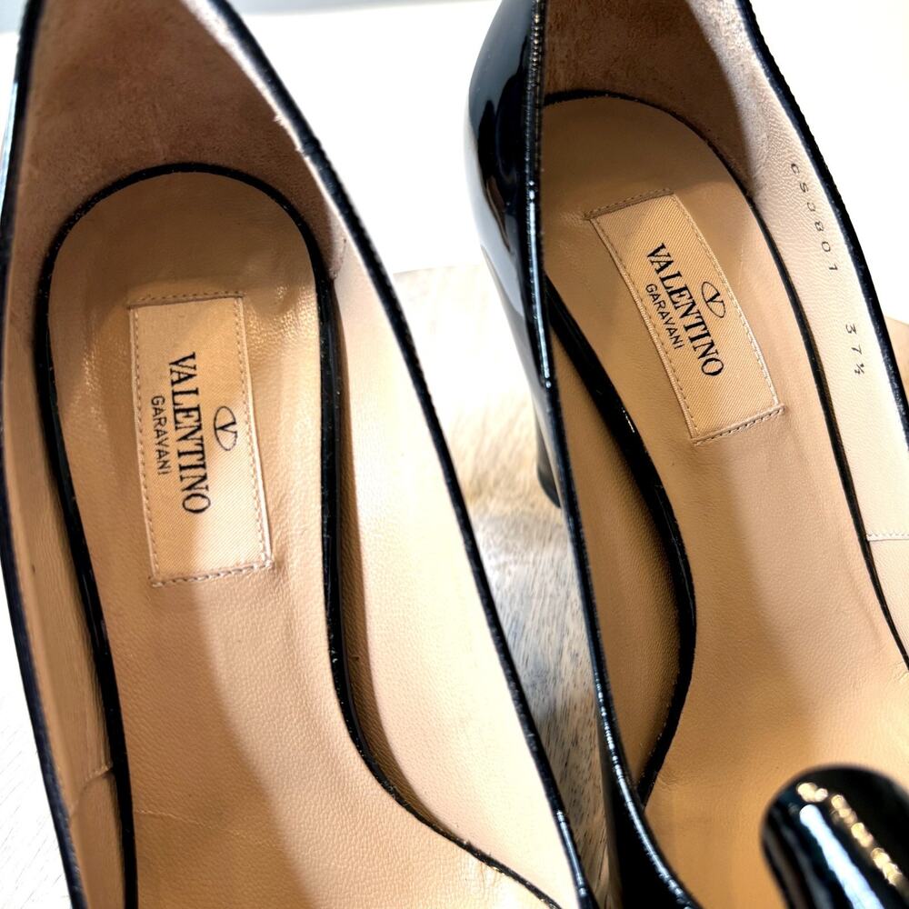 Valentino Garavani Black Patent Leather Bow Peep Toe Pumps 37.5 US 7.5 Italy - Picture 5 of 12